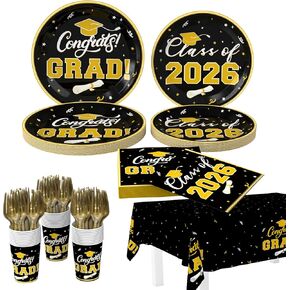 Tbsone Class of 2026 Graduation Plates and Napkins Set – Red and Black Disposable Tableware for 25 Guests, Includes Plates, Napkins, Cups, Forks and Tablecloth – Party Decorations Supplies (126 PCS) in Saudi Arabia