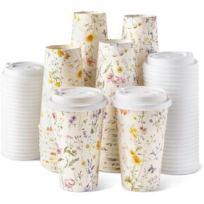 50 عبوة من أكواب القهوة الورقية من Nihuecne سعة 16 أونصة مع أغطية سهلة التركيب، أكواب ذات طابع زهور لطيفة للمشروبات الساخنة والباردة، لوازم الحفلات الأنيقة للمنزل والمكتب والبار والسفر والزفاف والحفلات in Kuwait