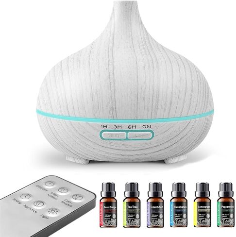 550ml Large Capacity Essential Oil Diffuser with 6 Aromatherapy Oils,Humidifier for Home Decor with Waterless Auto-Off,7 Color LED Light for Yoga Gym Office Decoration (White Wood Grain) in Saudi Arabia