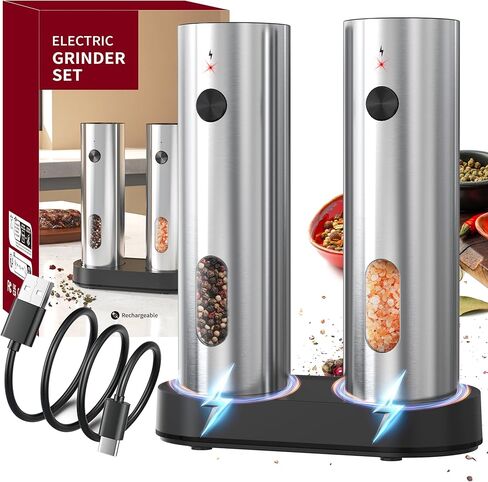 Electric Salt and Pepper Grinder Set (with Rechargeable Base), Featuring LED Lighting, Ideal for Kitchen and Outdoor Use. in Saudi Arabia