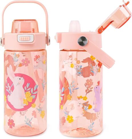 20oz Kids Water Bottle For School or Travel, Leak-Proof & Dishwasher, Durable Plastic Sport Water Bottle With Straw and Handle, Rabbit in Saudi Arabia