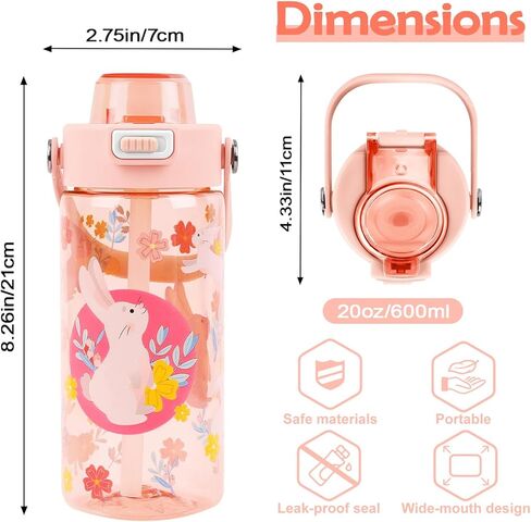20oz Kids Water Bottle For School or Travel, Leak-Proof & Dishwasher, Durable Plastic Sport Water Bottle With Straw and Handle, Rabbit in Saudi Arabia