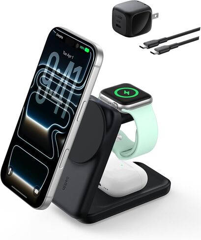 Belkin MagSafe Charger Compatible, 3-in-1 Charging Station, Qi2.2 25W Magnetic Wireless Charger Dock, Foldable Charging Stand, for iPhone 16/15/14, Apple Watch, AirPods (45W Adapter Included) in Saudi Arabia