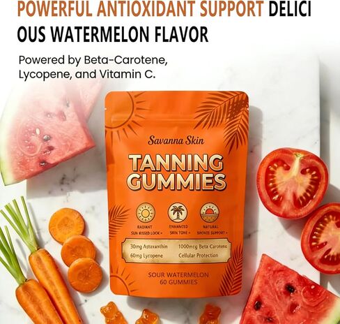 Savanna Skin Tanning Gummies:Antioxidant Beauty Gummies with Beta-Carotene & Lycopene for a Healthy Sun-Kissed Look – 60 Daily Beauty Gummies in Saudi Arabia