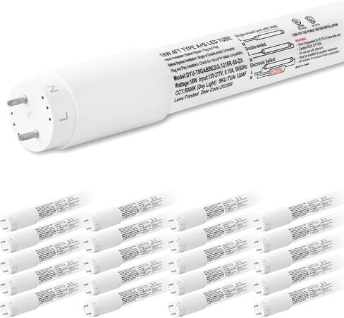 hykolity 20 حزمة 4FT LED T8 أنبوب ضوء هجين من النوع A+B، 18 وات، التوصيل والتشغيل أو تجاوز الصابورة، طرف واحد أو طرف مزدوج، 5000 ك، 2400 لومن، غطاء بلوري، T8 T10 T12 لـ G13، 120-277 فولت، مدرج في قائمة UL in Kuwait