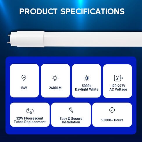 hykolity 20 حزمة 4FT LED T8 أنبوب ضوء هجين من النوع A+B، 18 وات، التوصيل والتشغيل أو تجاوز الصابورة، طرف واحد أو طرف مزدوج، 5000 ك، 2400 لومن، غطاء بلوري، T8 T10 T12 لـ G13، 120-277 فولت، مدرج في قائمة UL in Kuwait