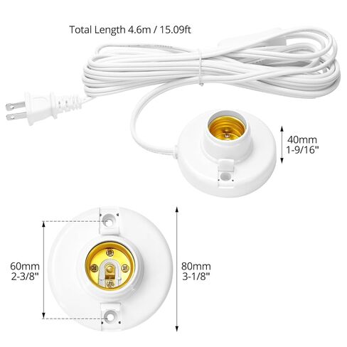 حامل مصباح إضافي QWORK E26/ E27 مع مفتاح تشغيل/إيقاف | مقبس المصباح الكهربائي E26 | سلك تمديد بطول 15 قدم | حلقة داخلية من النحاس بالكامل | 60 واط ماكس | 2-حزمة in Kuwait