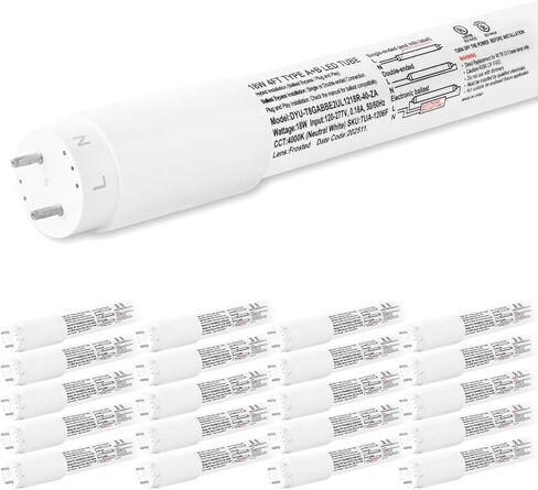 hykolity 20 حزمة 4FT LED T8 أنبوب ضوء هجين من النوع A+B، 18 وات، التوصيل والتشغيل أو تجاوز الصابورة، طرف واحد أو طرف مزدوج، 5000 ك، 2400 لومن، غطاء بلوري، T8 T10 T12 لـ G13، 120-277 فولت، مدرج في قائمة UL in Kuwait