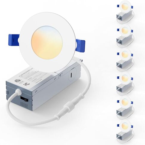 12 حزمة 6 بوصة 5CCT LED إضاءة غائرة، إضاءة غائرة سلمية، قابلة للتعتيم، مصنفة للرطوبة، 2700K-5000K قابلة للتحديد، إضاءة سقف رقاقة مع صندوق توصيل، 1200LM، 12W 120V، ETL&FCC in Kuwait
