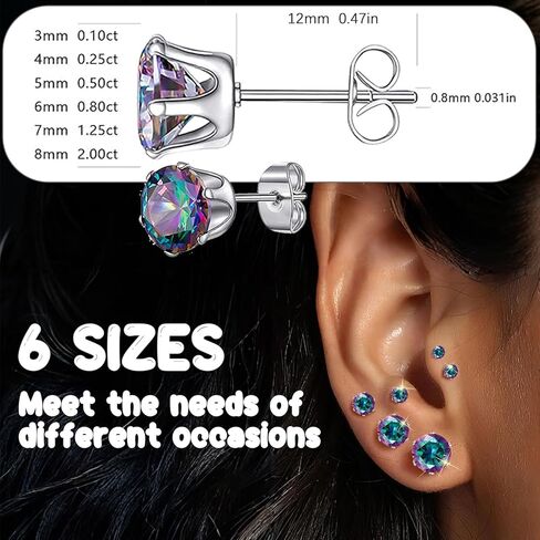 Stainless Steel Stud Earrings Round Fancy Colored Cubic Zirconia Ear Studs for Women and Men Sensitive Ears Nickel Free CZ Stud Earrings Set Hypoallergenic Cubic Zirconia Earrings, 6 Pairs in Saudi Arabia