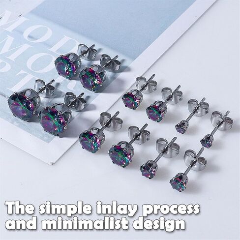 Stainless Steel Stud Earrings Round Fancy Colored Cubic Zirconia Ear Studs for Women and Men Sensitive Ears Nickel Free CZ Stud Earrings Set Hypoallergenic Cubic Zirconia Earrings, 6 Pairs in Saudi Arabia