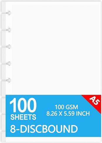 Junior Size Blank Refill Paper，8-Disc Discbound Blank Paper，for Note-Taking System Discbound Planner Inserts，100 Sheets/200 Pages,100gsm，White Paper Refill,Junior Size 5.6" x 8.3" in Saudi Arabia