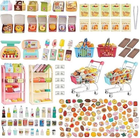 196Pcs Dollhouse Miniature Store Grocery Accessories Mini Shopping Cart Basket 4 Three-Layer Shelves Supermarket Metal Handcart Resin Food Drink Bottle Cash Register Packaging Box in Kuwait