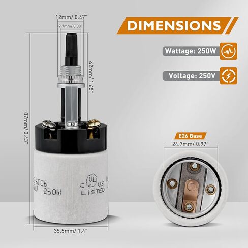 E26 Porcelain Lamp Socket with Rotary Knob Switch - High Temperature Resistance, UL Listed, 250V 250W for Safe Lighting Replacements (1 Pack) in Saudi Arabia