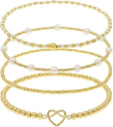 BXDA Gold Beaded Bow Heart Paperclip Pearls Stack Bracelet Set for Women, 4Pcs Handmade Golden Beads Pearl Stretchable Stackable Bracelets Party Jewelry Accessories Christmas Gift in Saudi Arabia