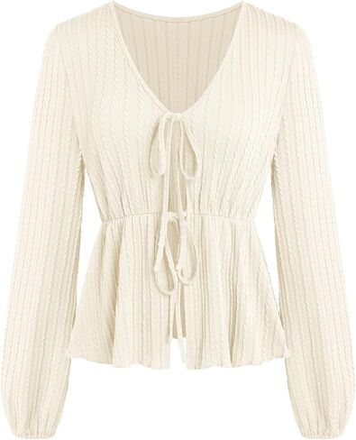 ZAFUL Women's V Neck Knit Top 2025 Long Sleeve Tie Front Shirts Tunics Flowy Rib Blouse Y2k Fall Outfit in Saudi Arabia