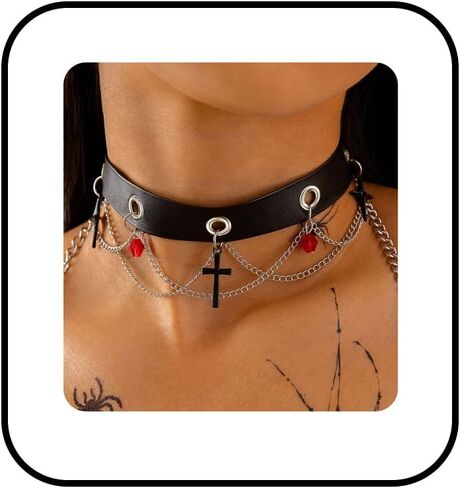 Gothic Black Leather Choker Necklace for Women Vintage Bat Wing Cross Heart Pendant Necklace Punk Y2k Tassel Chain Necklace Dark Vampire Witch Lolita Halloween Costume in Saudi Arabia