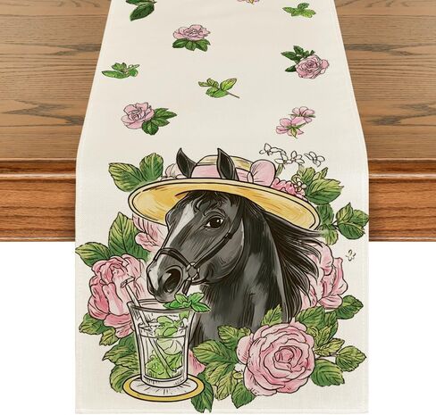 Artoid Mode Horse Pink Roses Mint Leaves Kentucky Table Runner, Festival Sports Holiday Kitchen Dining Table Decoration for Home Party Decor 13x72 Inch in Saudi Arabia