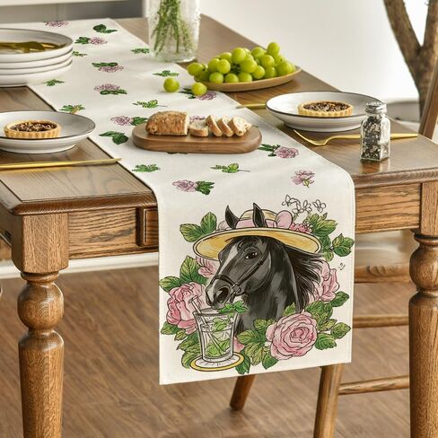 Artoid Mode Horse Pink Roses Mint Leaves Kentucky Table Runner, Festival Sports Holiday Kitchen Dining Table Decoration for Home Party Decor 13x72 Inch in Saudi Arabia