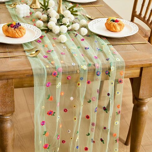 YATOJUZI Champagne Table Runner Embroidery Daisy Summer Floral Decorations Seasonal Tulle Dining Table Runners for Home Kitchen Decor Wedding Shower Party in Saudi Arabia