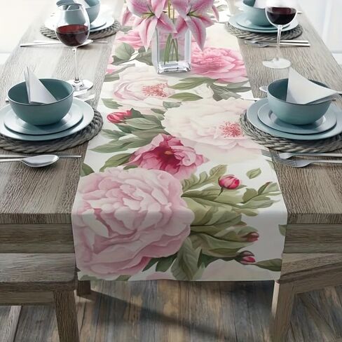 Floral Table Runner, Pink Peony Pattern, Elegant Dining Table Decor，13*72in in Saudi Arabia