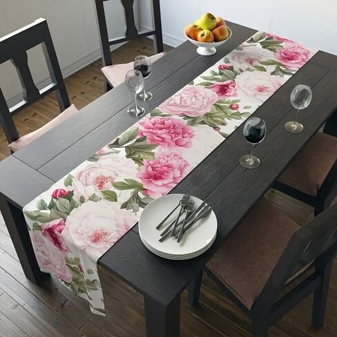 Floral Table Runner, Pink Peony Pattern, Elegant Dining Table Decor，13*72in in Saudi Arabia