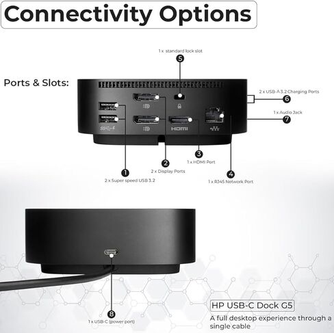 HP 26D32AA#ABL Docking Station G5 - HP Laptop Docking Station Dual Monitor Dock and Charging Bundle with 120W Adapter + HDMI Cable + DisplayPort Cable + USB-C Cable + Microfiber Cloth (Renewed) in Saudi Arabia