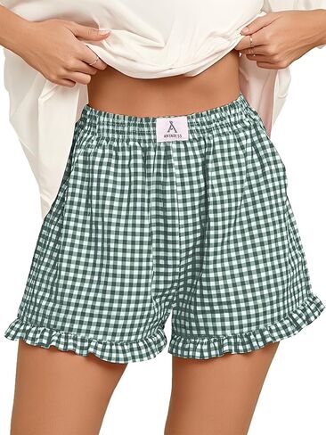 ANRABESS Womens Ruffle Boxer Shorts Pajama Gingham Shorts Summer Casual Lounge Sleep Plaid Beach Bottoms Pockets 2026 Trendy in Saudi Arabia