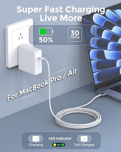 شاحن لـ MacBook Pro 14 16 بوصة MacBook Air 13 15 بوصة 2025 2024 2023 2022 2021 M4 M3 M2 M1 ، 96W / 70W USB C Adapter ، 6.6ft USB C إلى 3 كابل مضفر مع LED ، الجودة الأصلية in Kuwait