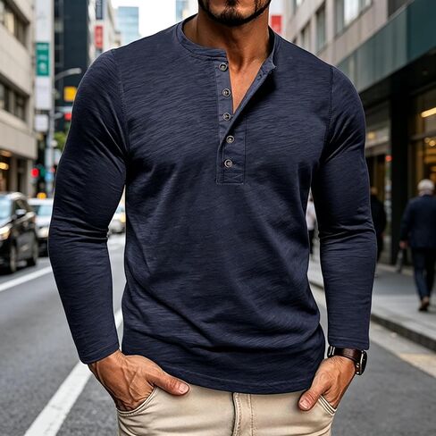 Men's Henley Shirts Long Sleeve Button Casual Soft Cotton Crew Neck Long Sleeve Tee Comfortable Bottom Pullover T-Shirts in Saudi Arabia