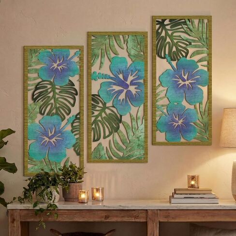 Threehoney 3 Pcs Tropical Wall Decor 3D Wooden Palm Leaf Wall Art Minimalist Monstera Wall Sculptures Wood Hibiscus Flowers Hanging Decor Vintage Plant Plaque for Home Bathroom Office (Floral Style) in Saudi Arabia