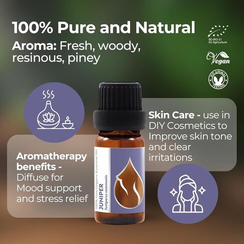 Essences Bulgaria Organic Juniper Essential Oil 1/3 Fl Oz | 10ml | Juniperus communis | 100% Pure and Natural | Undiluted | Therapeutic Grade | Family Owned Farm | Steam-Distilled | Non-GMO | Vegan in Saudi Arabia