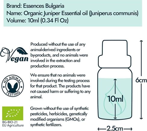 Essences Bulgaria Organic Juniper Essential Oil 1/3 Fl Oz | 10ml | Juniperus communis | 100% Pure and Natural | Undiluted | Therapeutic Grade | Family Owned Farm | Steam-Distilled | Non-GMO | Vegan in Saudi Arabia
