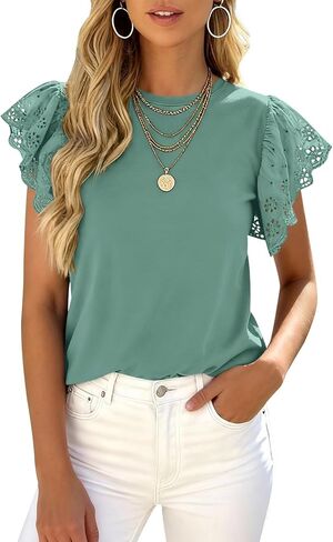 PRETTYGARDEN Womens Tops Dressy Casual Hollow Out Short Sleeve Summer Basic Tees 2026 Crewneck T Shirts Trendy Work Blouse in Saudi Arabia