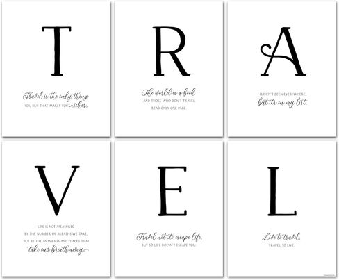 Stamp My Passport TRAVEL Wall Decor - Travel Quotes Wall Art - 6 Piece 8x10 Adventure Awaits Wall Decor Travel is the Only Thing You Buy That Makes You Richer Unframed Black and White Wall Art in Saudi Arabia