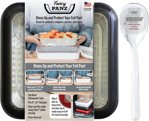Fancy Panz, Serving Tray for Food, Made in the USA Foil Pan Carrier, Stackable Aluminum Pan Holders, 8x8 Travel Casserole Carrier With 1 Disposable Foil Pan & Serving Spoon, White in Saudi Arabia