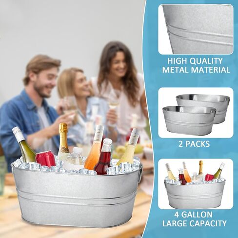 2 Pack 4 Gallon Galvanized Tub Ice Buckets for Parties Portable Beverage Tub with Handles Champagne Bucket Metal Ice Buckets for Cocktail Bar with Ice Scoop in Saudi Arabia