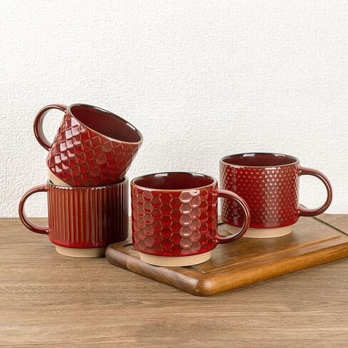 GBHOME 12OZ Stackable Coffee Mugs, Ceramic Coffee Mugs with Texture Patterns for Man,Woman,Dad,Mom, Modern Coffee Mugs Set of 4 for Latte/Cappuccino/Cocoa. Dishwasher&Microwave Safe, Off White in Saudi Arabia