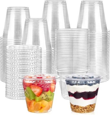 [100 Sets, 9 oz Clear Plastic Fruit Cups with Lid No Hole, Disposable Plastic Cups with Lids for Yogurt, Parfait, Pudding, Dessert, Cake, Ice Cream, Snack Cup Party Supplies in Kuwait