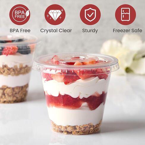 [100 Sets, 9 oz Clear Plastic Fruit Cups with Lid No Hole, Disposable Plastic Cups with Lids for Yogurt, Parfait, Pudding, Dessert, Cake, Ice Cream, Snack Cup Party Supplies in Kuwait