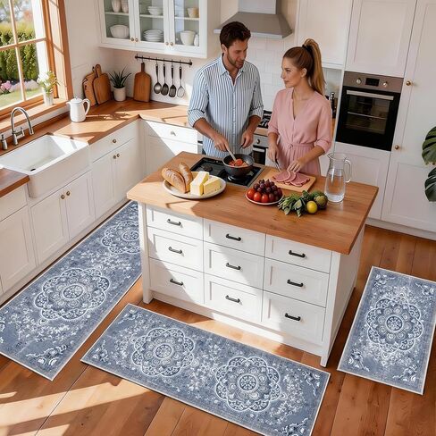 ZuiHeShiNi Boho Kitchen Rug Set, 3pcs Non Slip Bohemian Kitchen Rug, Washable Kitchen Floor Mat, Indoor and Outdoor Entryway Floor Mat, Foot Mat, Living Room Area Rug, Home Decoration (Blue Flower) in Saudi Arabia