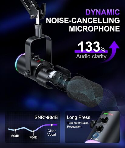 ميكروفون الألعاب الديناميكي | وضع USB/XLR مزدوج | طقم ميكروفون RGB Boom Arm مع كتم صوت بلمسة واحدة، وشاشة سماعة الرأس، والتحكم في الكسب | للبث والبودكاست والكمبيوتر الشخصي وPS4/PS5 والتسجيل in Kuwait
