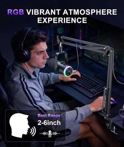 ميكروفون الألعاب الديناميكي | وضع USB/XLR مزدوج | طقم ميكروفون RGB Boom Arm مع كتم صوت بلمسة واحدة، وشاشة سماعة الرأس، والتحكم في الكسب | للبث والبودكاست والكمبيوتر الشخصي وPS4/PS5 والتسجيل in Kuwait