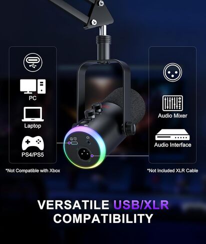 ميكروفون الألعاب الديناميكي | وضع USB/XLR مزدوج | طقم ميكروفون RGB Boom Arm مع كتم صوت بلمسة واحدة، وشاشة سماعة الرأس، والتحكم في الكسب | للبث والبودكاست والكمبيوتر الشخصي وPS4/PS5 والتسجيل in Kuwait