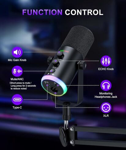 ميكروفون الألعاب الديناميكي | وضع USB/XLR مزدوج | طقم ميكروفون RGB Boom Arm مع كتم صوت بلمسة واحدة، وشاشة سماعة الرأس، والتحكم في الكسب | للبث والبودكاست والكمبيوتر الشخصي وPS4/PS5 والتسجيل in Kuwait