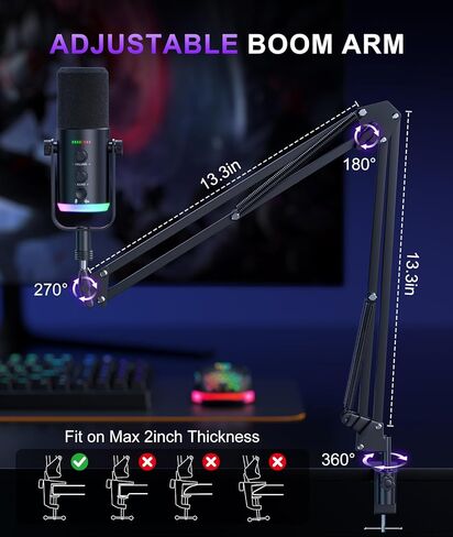 ميكروفون الألعاب الديناميكي | وضع USB/XLR مزدوج | طقم ميكروفون RGB Boom Arm مع كتم صوت بلمسة واحدة، وشاشة سماعة الرأس، والتحكم في الكسب | للبث والبودكاست والكمبيوتر الشخصي وPS4/PS5 والتسجيل in Kuwait