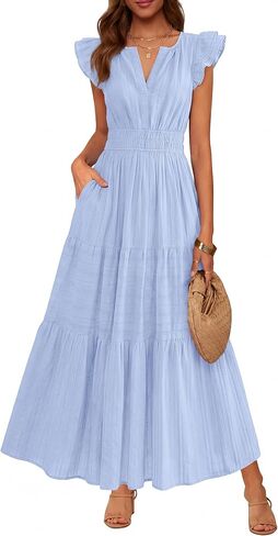 BTFBM Dresses for Women Spring 2026 Maxi Casual Dress Flutter Short Sleeve V Neck Elastic Waist Boho Beach Vacation Pockets in Saudi Arabia