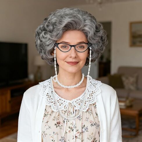 3Pcs Old Lady Grandma Costume Accessories - Granny Glasses, Pearl Glasses Chain and Faux Pearl Necklace Set in Saudi Arabia