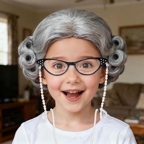3Pcs Old Lady Grandma Costume Accessories - Granny Glasses, Pearl Glasses Chain and Faux Pearl Necklace Set in Saudi Arabia