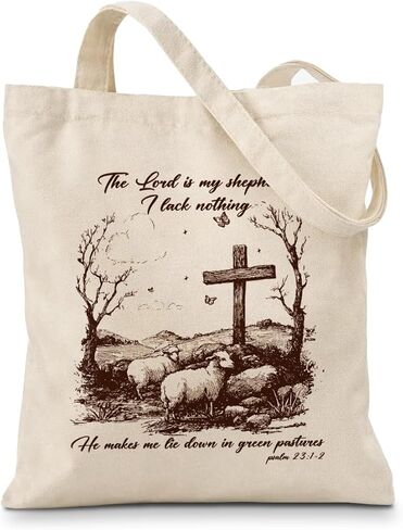 Geondos Christian Psalm 23: 1-2 حقيبة حمل قماشية، حقائب اليد من الكتاب المقدس The Lord Is My Shepherd، حقائب تسوق مسيحية قابلة لإعادة الاستخدام، حقائب كتف لأعمال التسوق غير الرسمية في العطلات in Kuwait